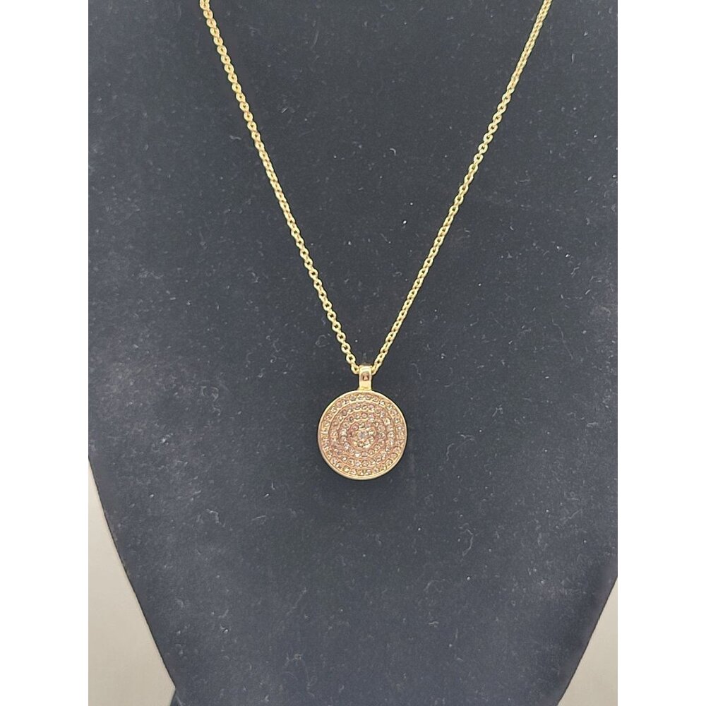 Gold Tone Medallion Pendant Necklace Spiral Circle with Rhinestones Minimalist C - Picture 3 of 10